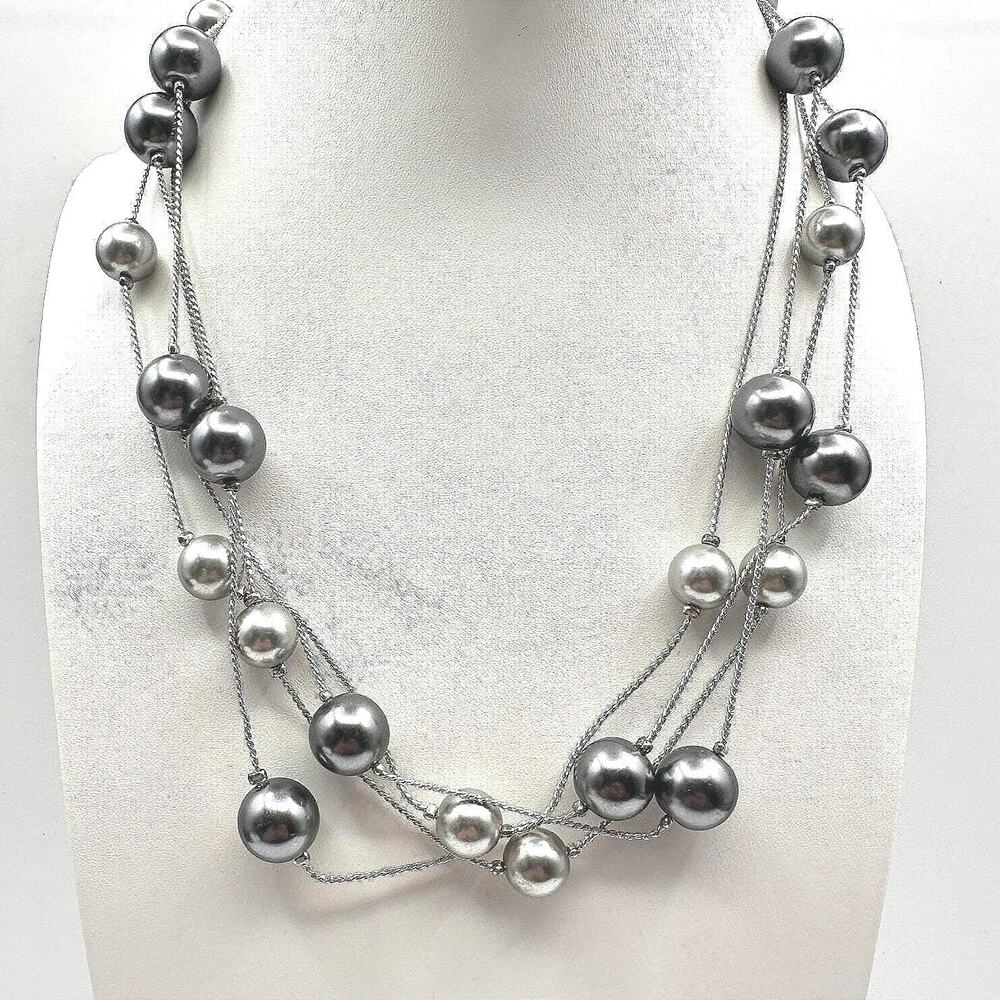 Vintage 90s Multi Strand Grey Faux Pearl Station Beads Necklace Silver Tone